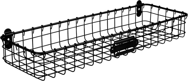 Spectrum Long Wall Mounted Wire Basket Tray with Label Plate in Matte Black, Modern Wire Basket Wall Mount Organizer for Pantry Kitchen Bathroom Closet Storage Sleek Open Steel Tray Bin - Image 1